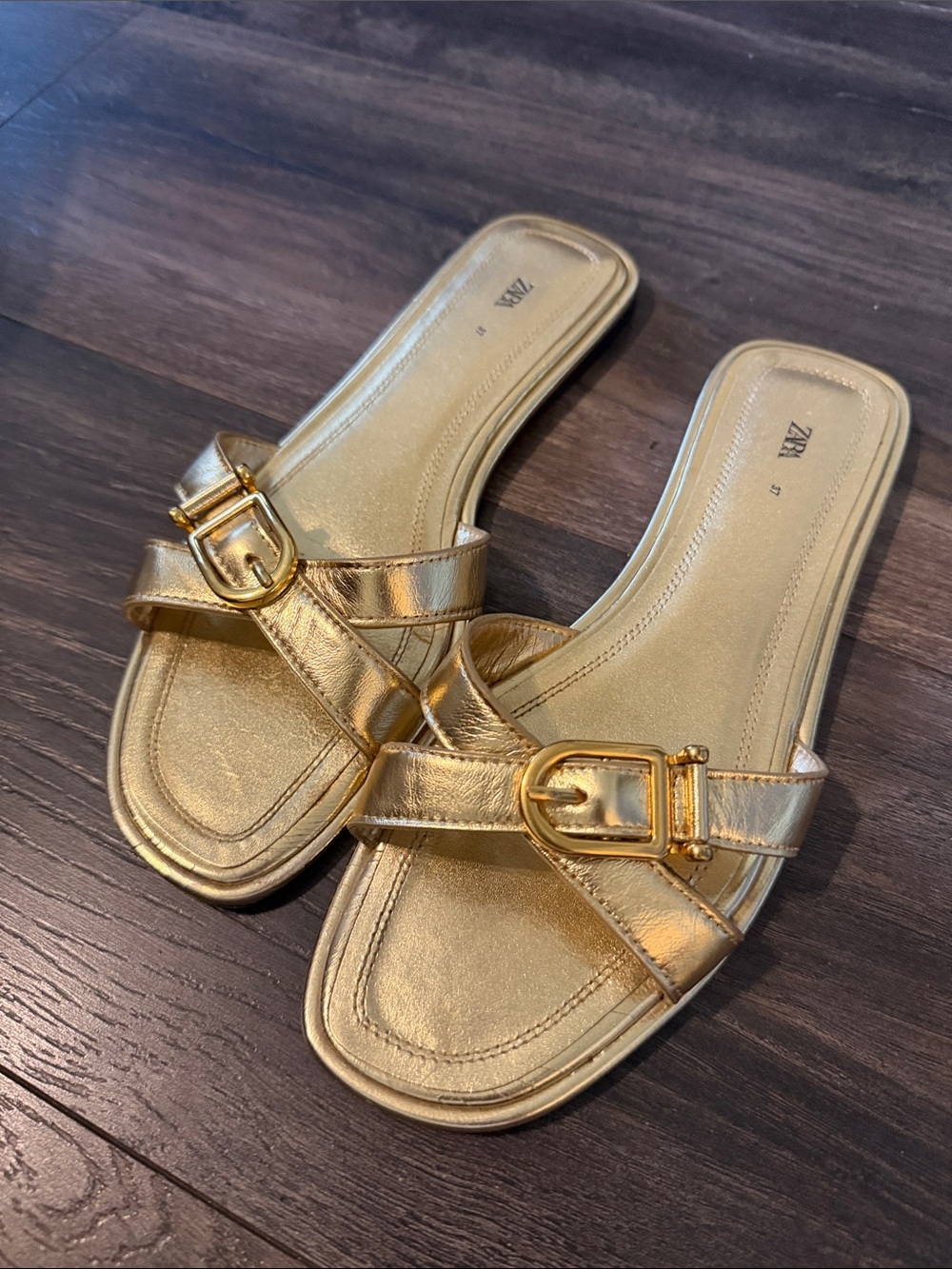 Zara Leather Metallic Gold Buckle Cross-Strap Slide sandals